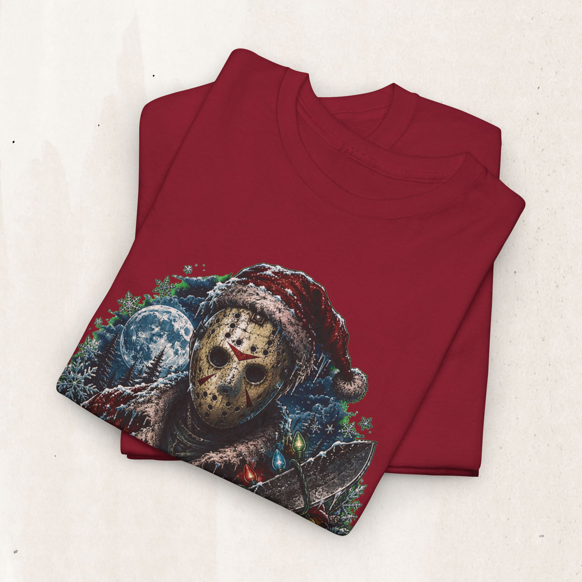 Horror Christmas Tee — Jason Holiday Killer Mask with Festive Machete