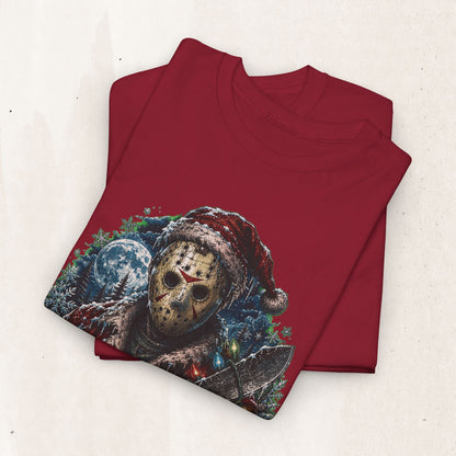 Horror Christmas Tee — Jason Holiday Killer Mask with Festive Machete