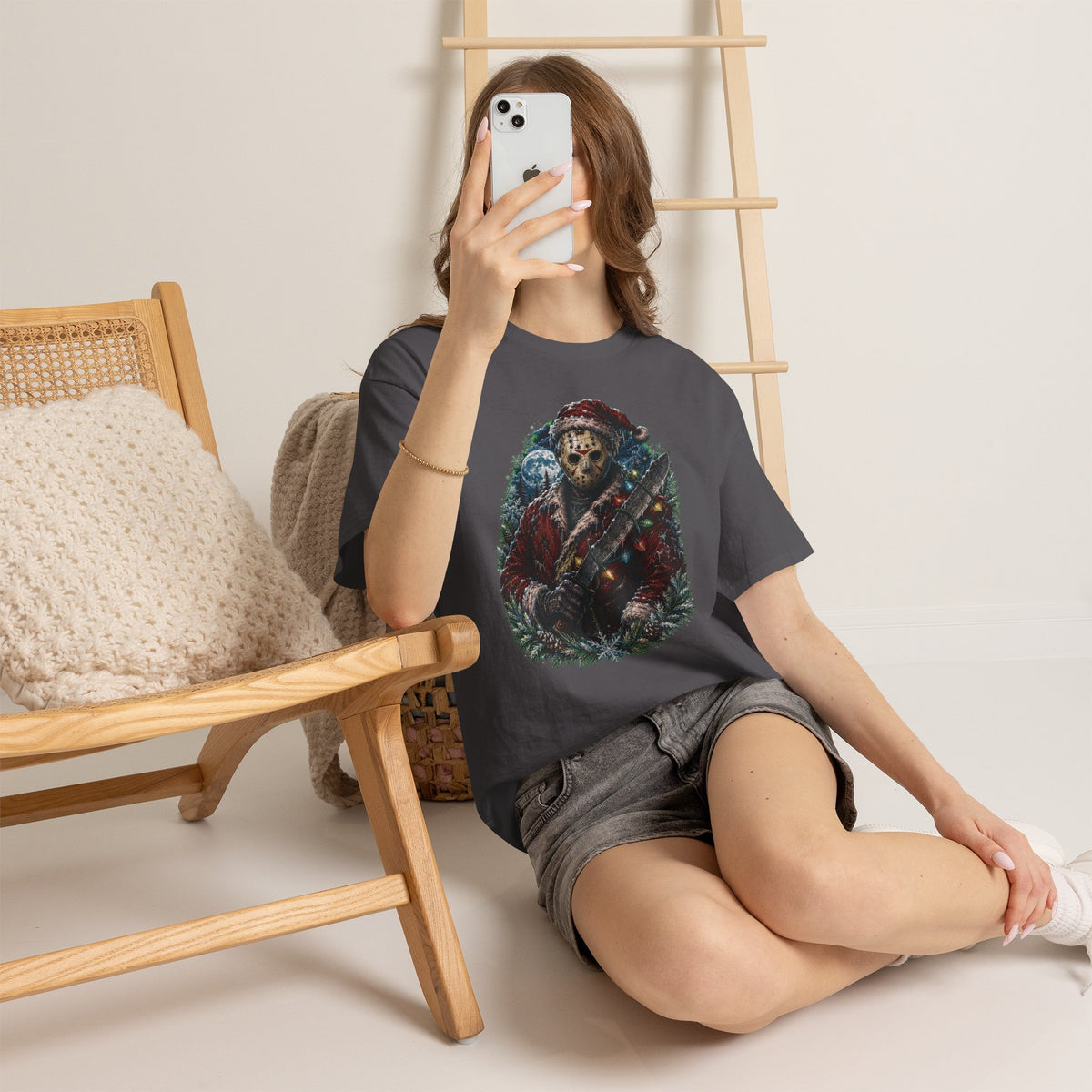 Horror Christmas Tee — Jason Holiday Killer Mask with Festive Machete