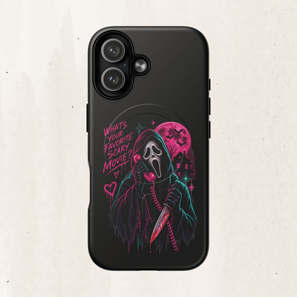 Magnetic Phone Case — Neon 'What's Your Favorite Scary Movie?' Horror Design