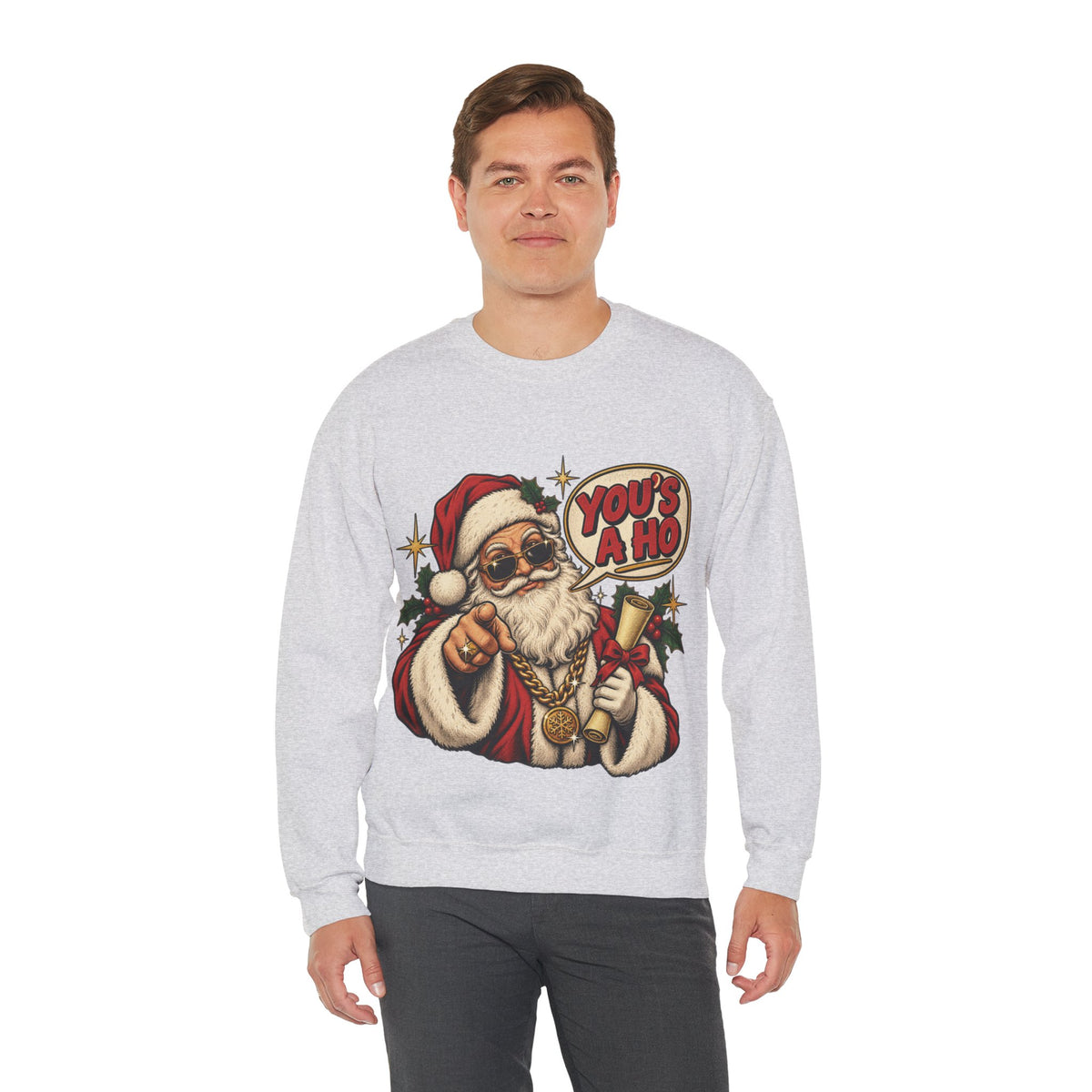 Santa 'You's a Ho' Christmas Sweatshirt in Ash, alternate view
