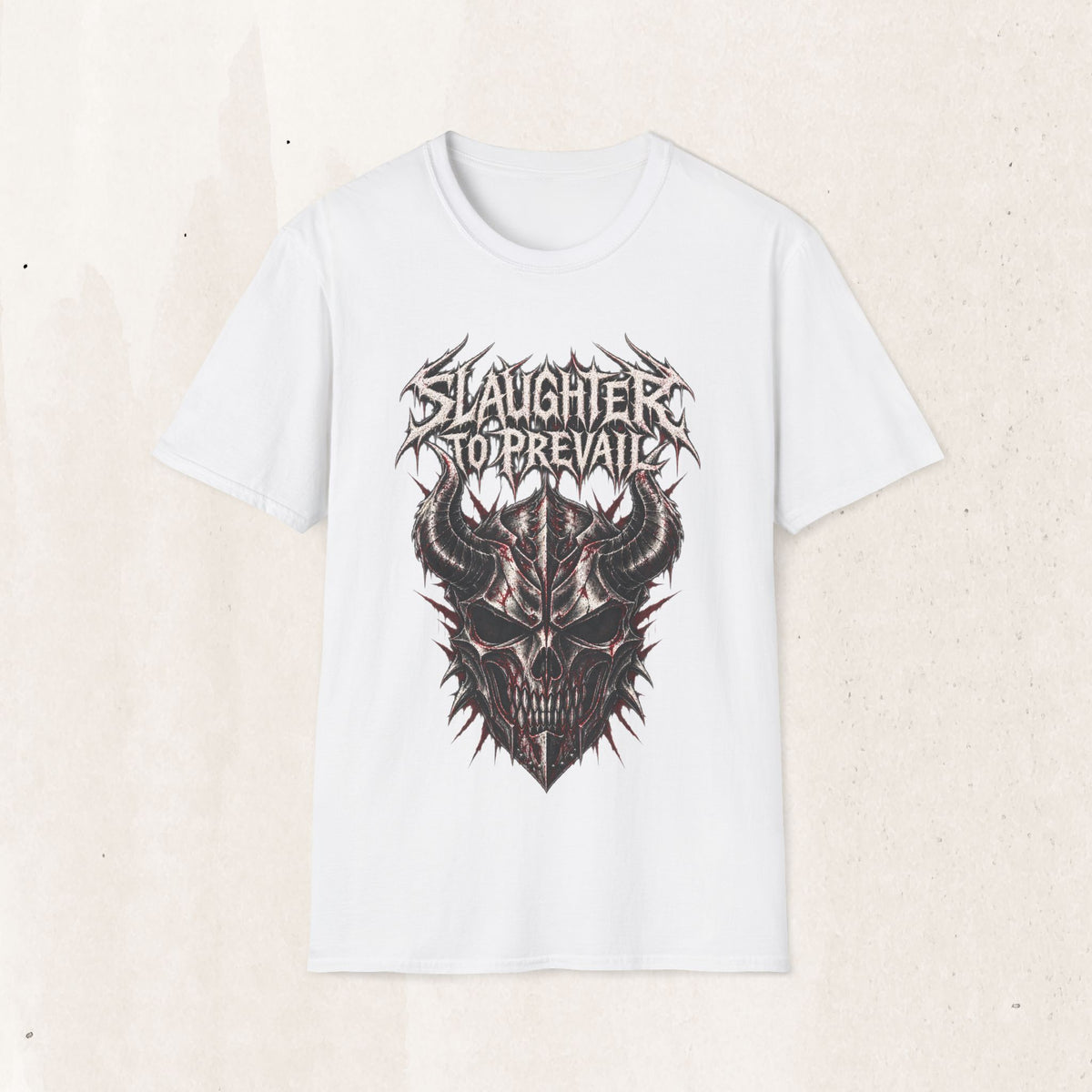 Slaughter To Prevail Distressed Band Tee – Horned Skull Metal Shirt – White