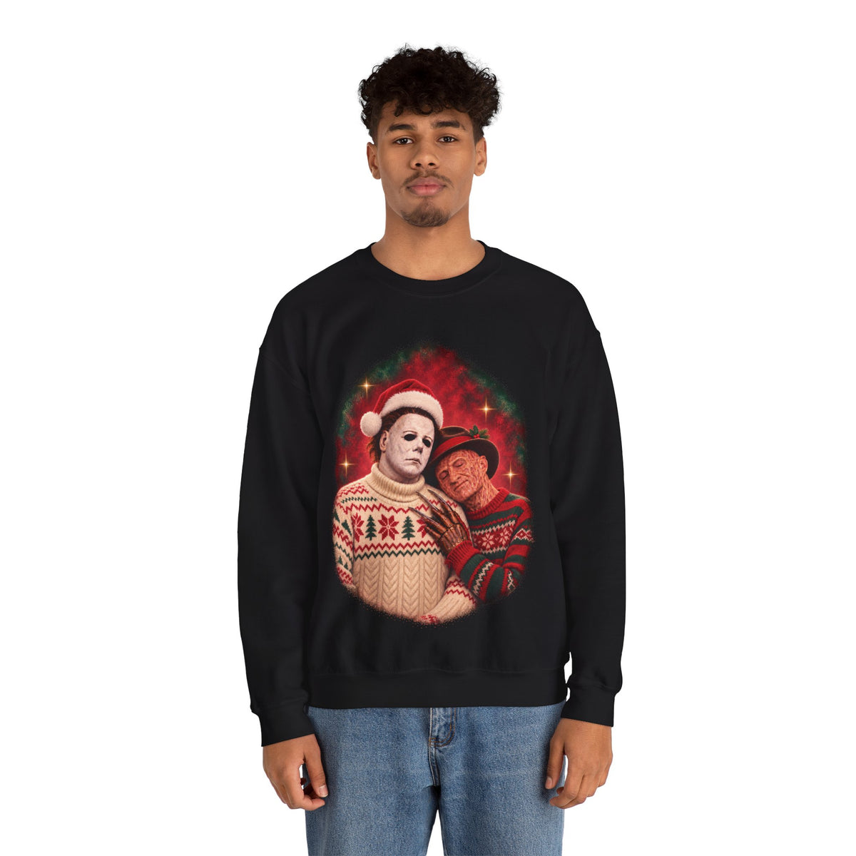 Freddy Krueger and Michael Myers 80s glamour portrait horror Christmas sweatshirt