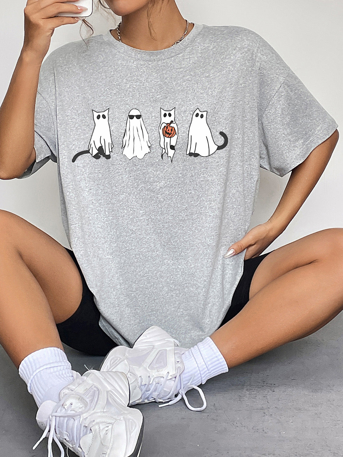 Ghost Graphic Tee – Short Sleeve Halloween T-Shirt – Cloudy Blue