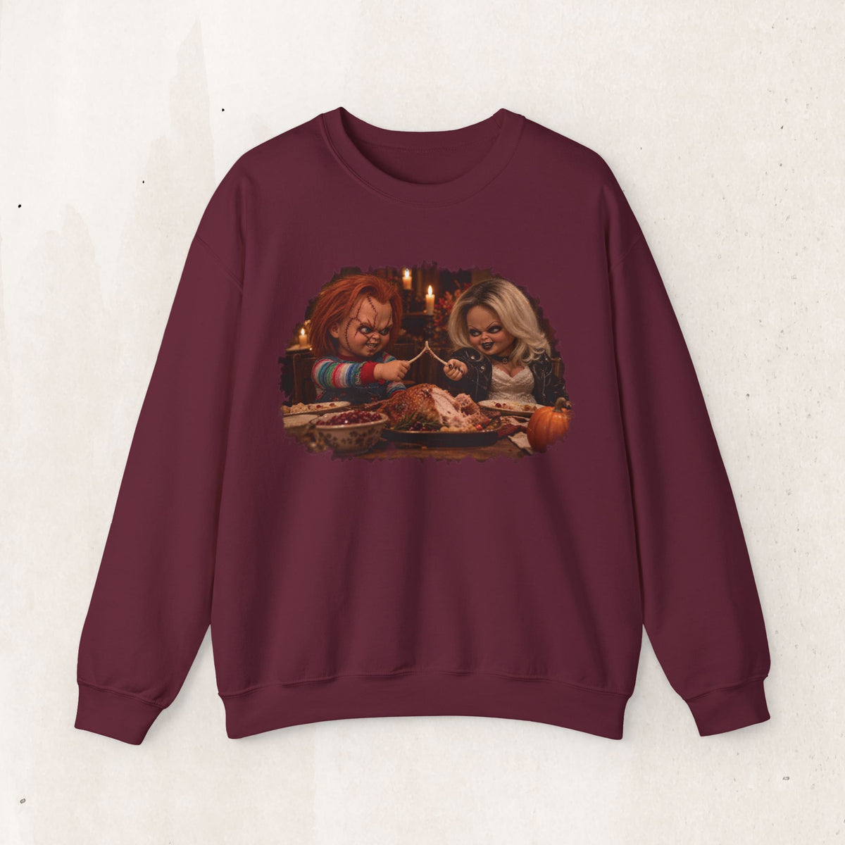 Chucky & Tiffany Thanksgiving wishbone sweatshirt in Maroon, front view