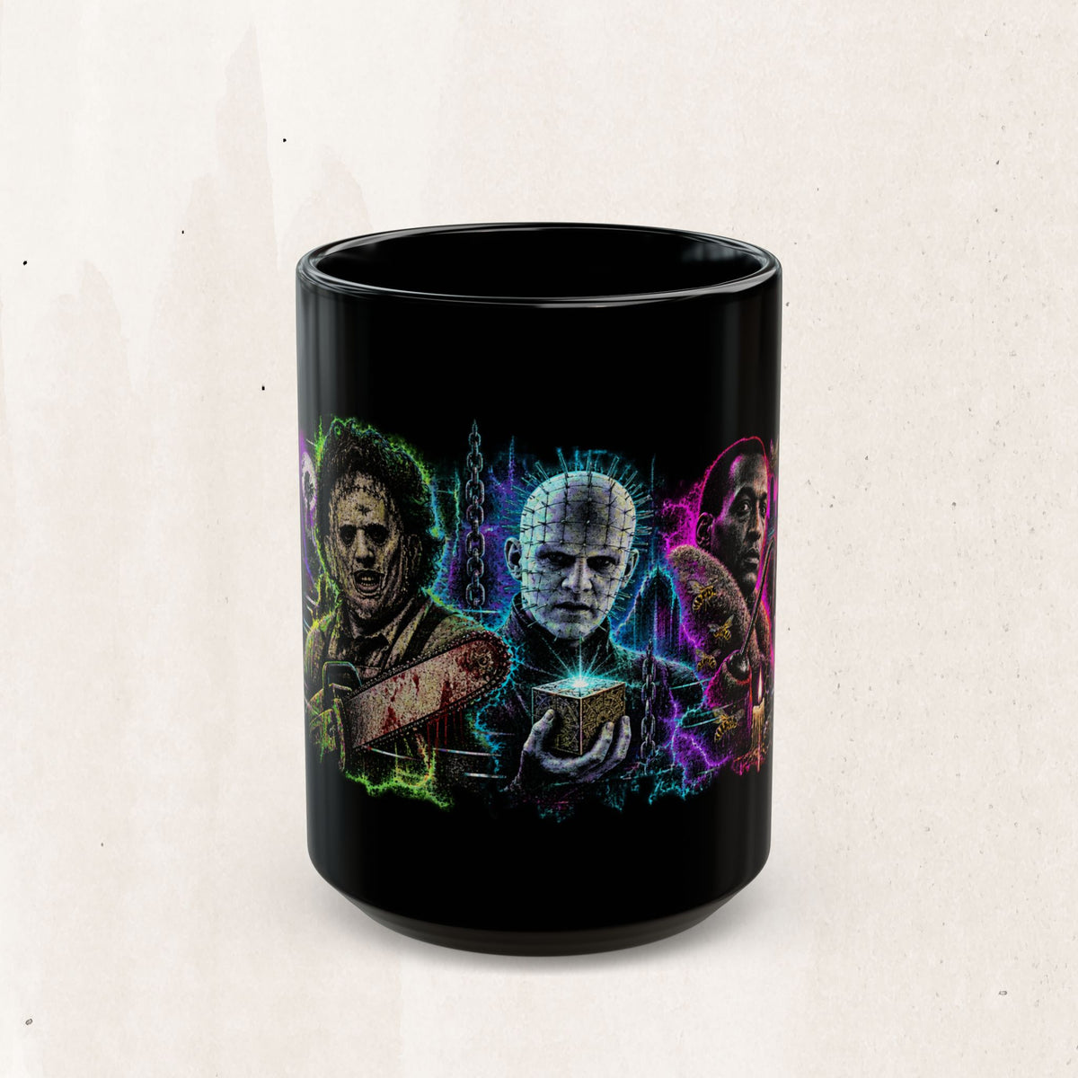 Horror Icons Black Ceramic Mug — Neon Slasher & Creepy Clown Collage (11oz/15oz)