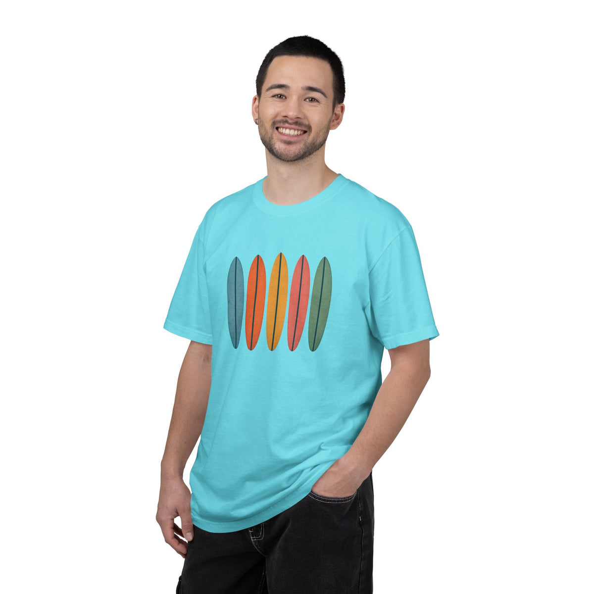 Surfboard Row Retro Beach Tee in Lagoon Blue, alternate view