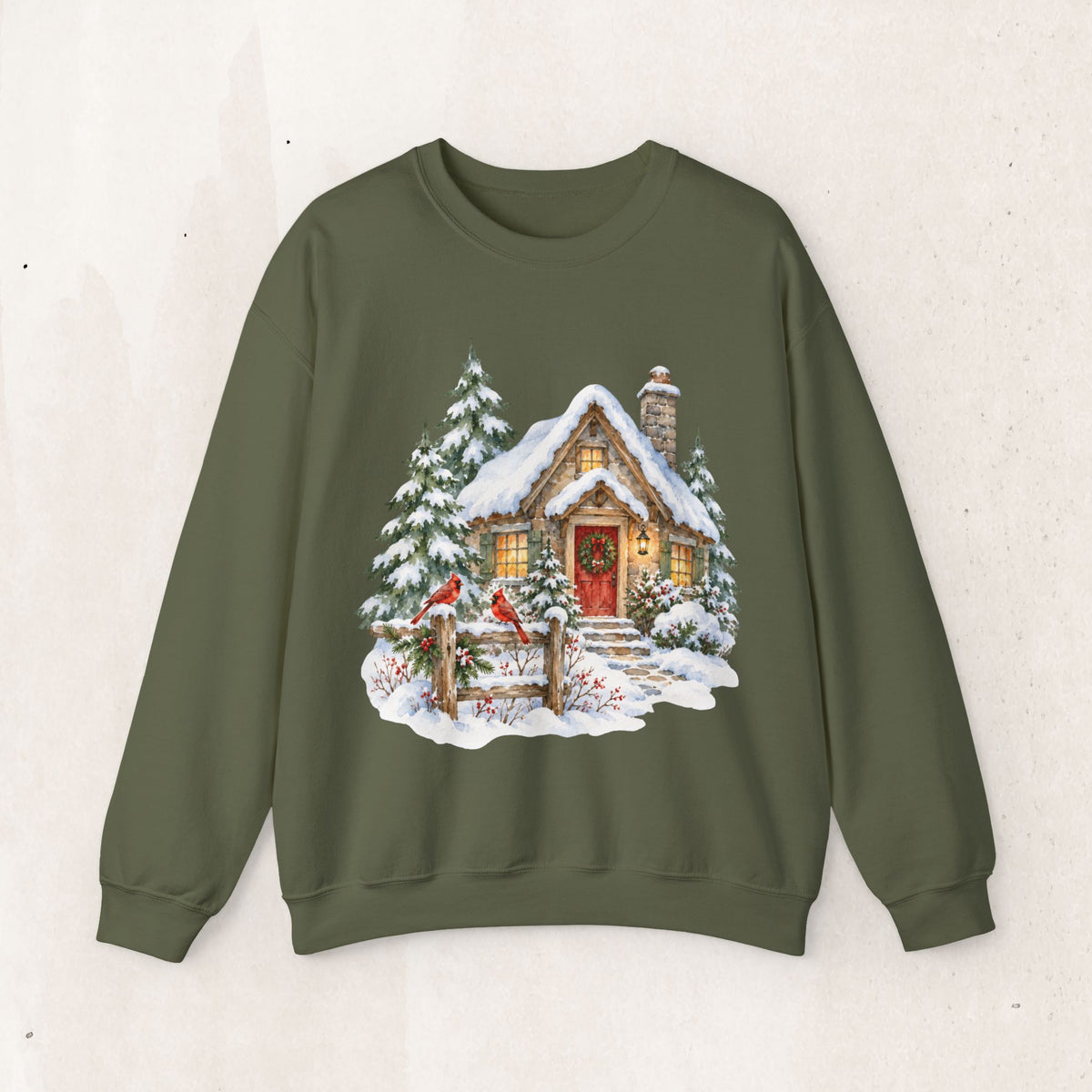 Cozy Christmas Cottage Sweatshirt, Snowy Winter Cabin Crewneck