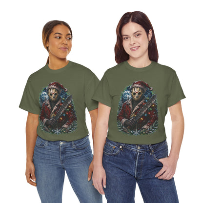 Horror Christmas Tee — Jason Holiday Killer Mask with Festive Machete