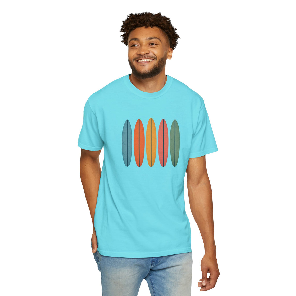 Surfboard Row Retro Beach Tee in Lagoon Blue, alternate view
