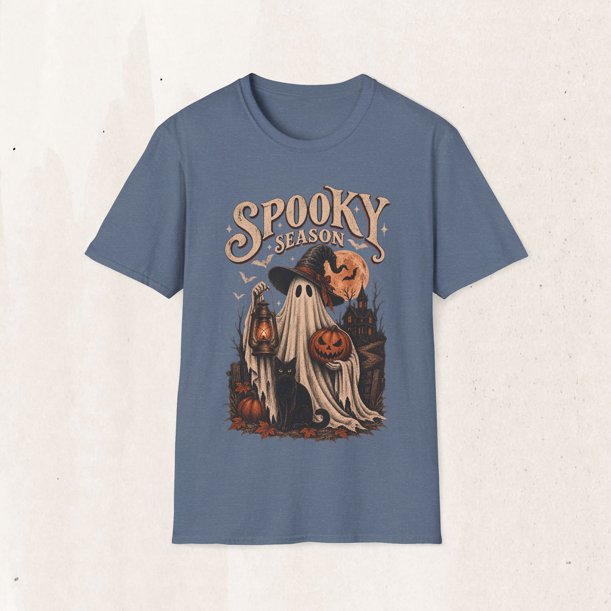 Spooky Season Graphic Tee – Vintage Ghost & Witch Hat Shirt – Heather Indigo