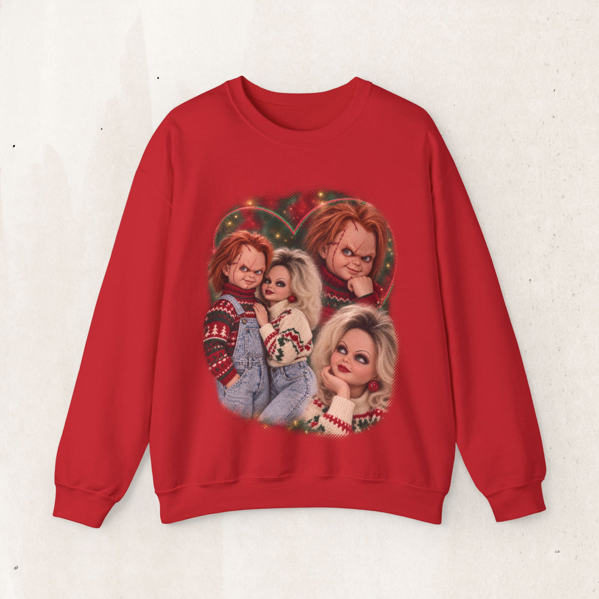 Chucky and Tiffany 80s glamour portrait horror Christmas sweatshirt