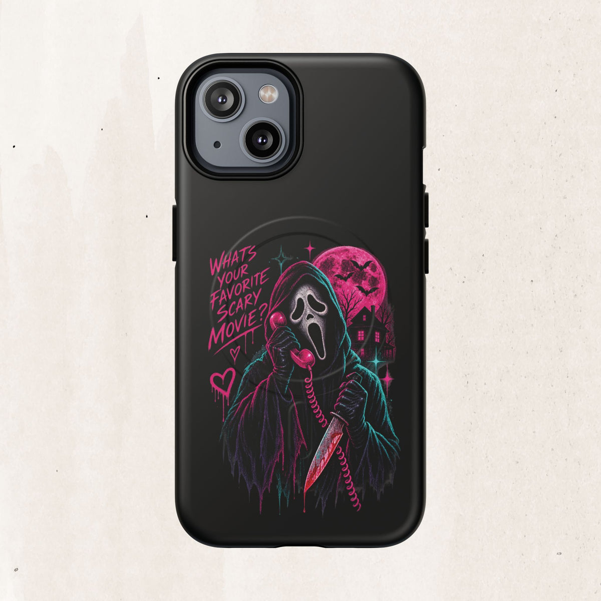 Magnetic Phone Case — Neon 'What's Your Favorite Scary Movie?' Horror Design
