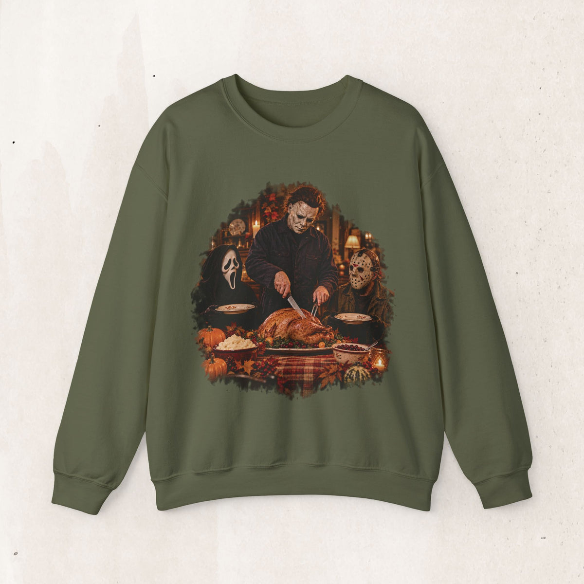 Michael Myers, Ghostface and Jason Thanksgiving sweatshirt in Military Green, front view