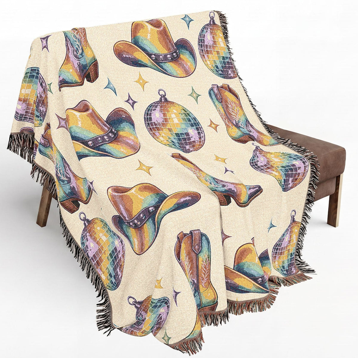 Disco Cowboy Woven Blanket – Retro Western Fringed Throw