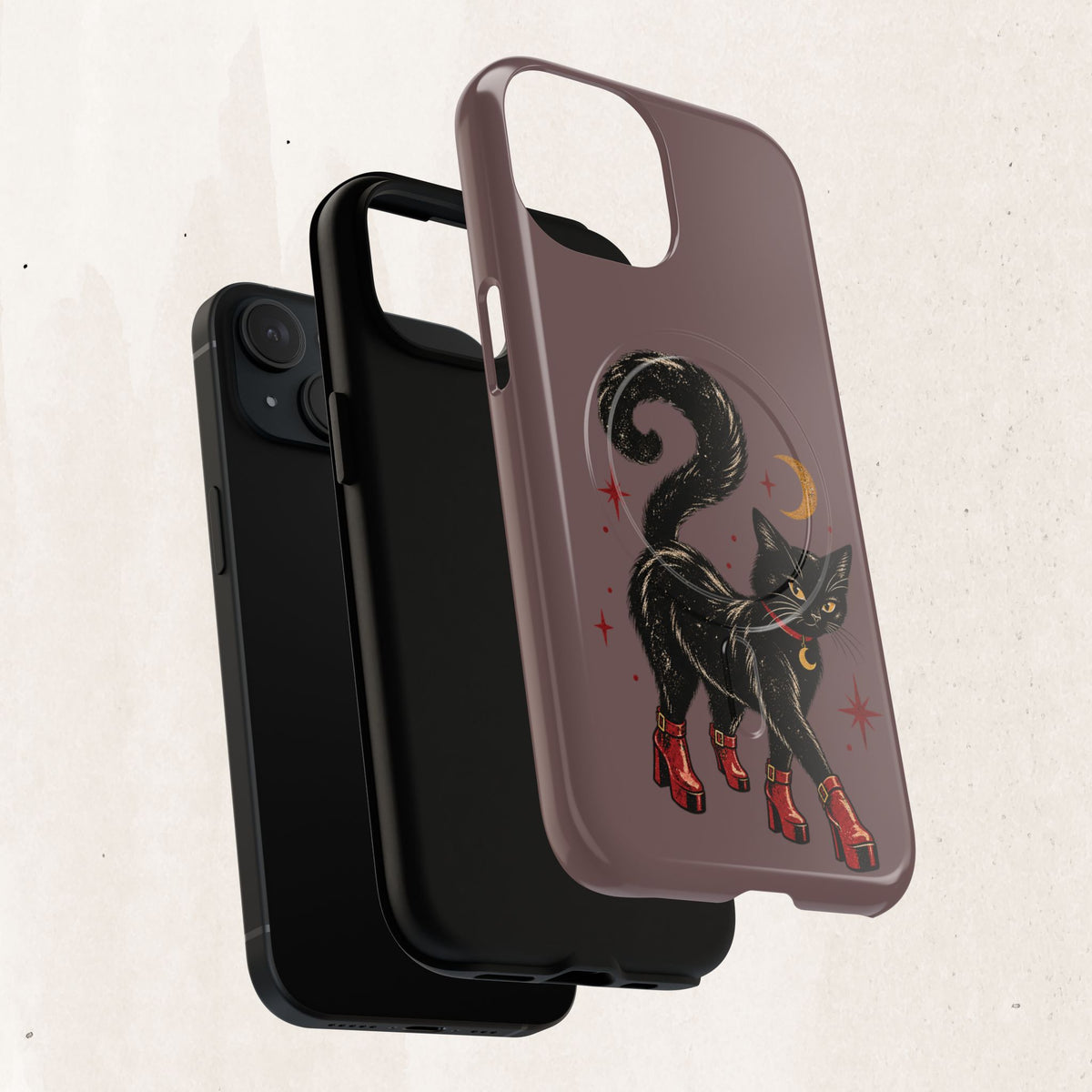Magnetic Phone Case — Black Cat in Red Boots Design