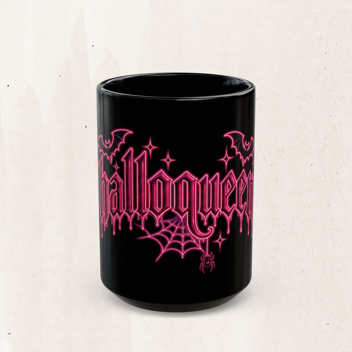 Halloween Gothic Pink Neon Mug — 'Halloqueen' Spiderweb & Bats Coffee Cup