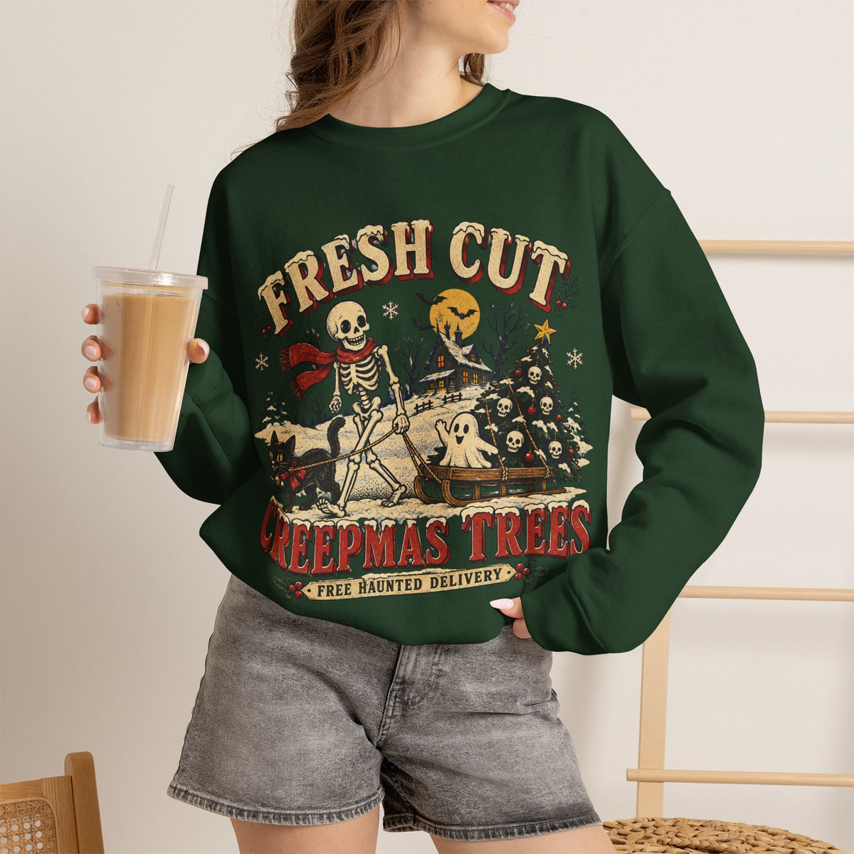 Fresh Cut Creepy Christmas Trees Halloween Sweatshirt, Skeleton Christmas Tree Crewneck
