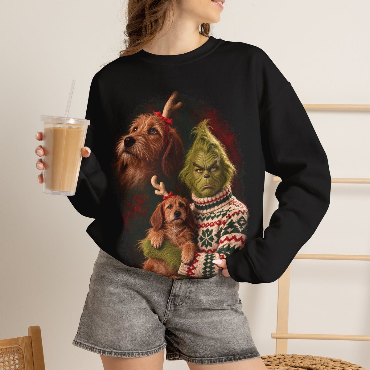 Grinch and Max 80s glamour shot Christmas sweatshirt