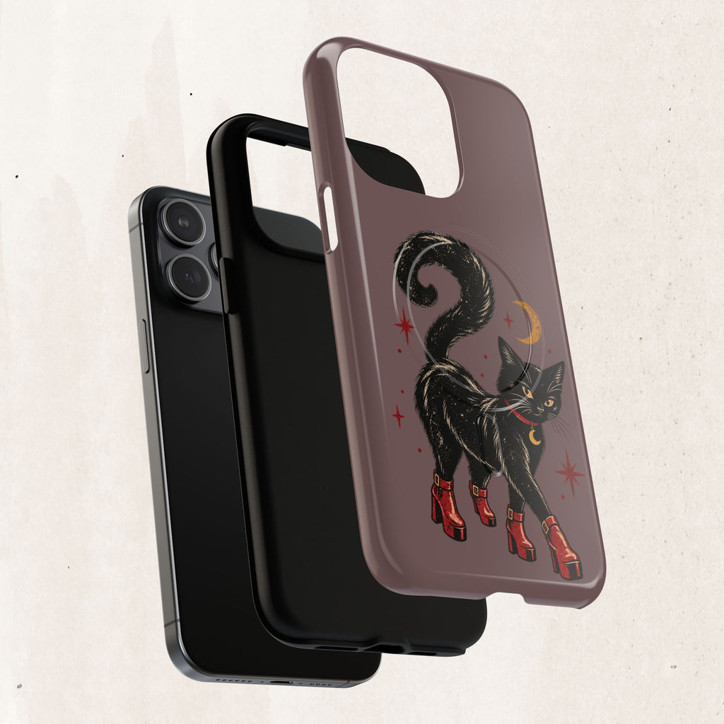 Magnetic Phone Case — Black Cat in Red Boots Design