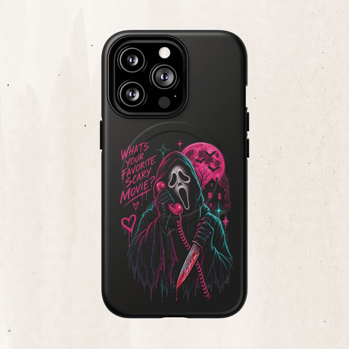 Magnetic Phone Case — Neon 'What's Your Favorite Scary Movie?' Horror Design