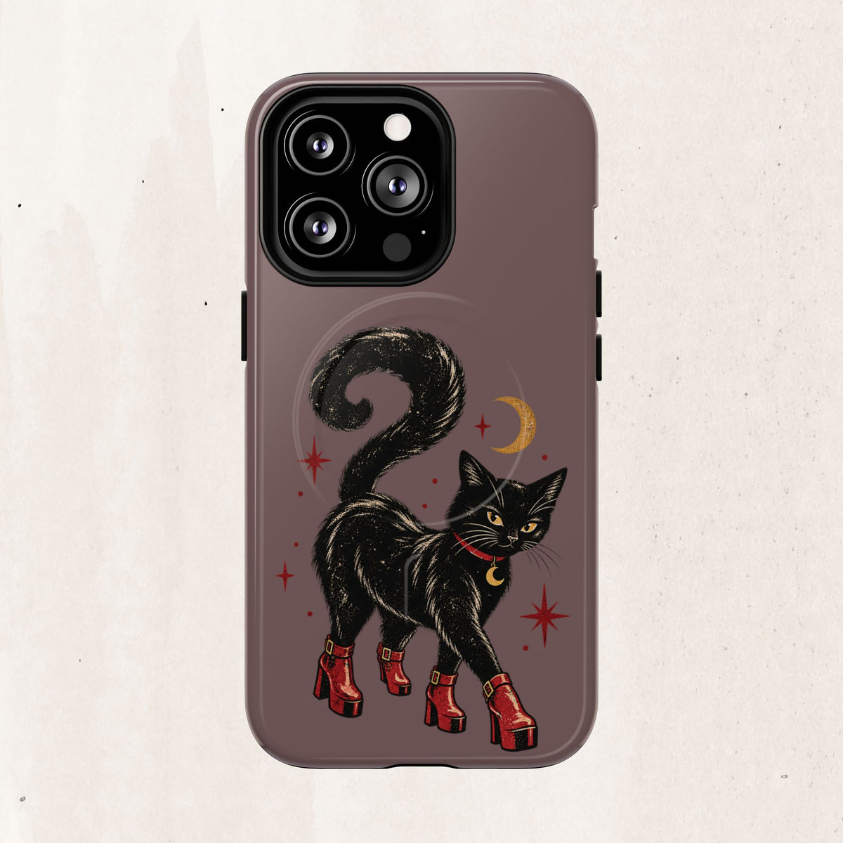 Magnetic Phone Case — Black Cat in Red Boots Design