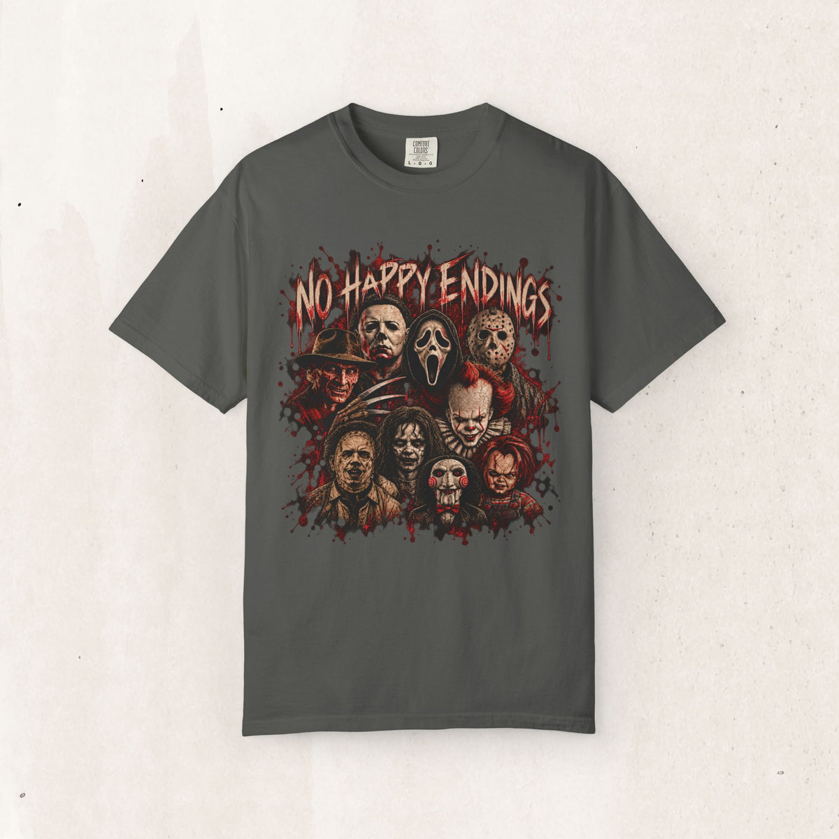 No Happy Endings Tee – Retro Horror Movie Graphic Shirt – Pepper