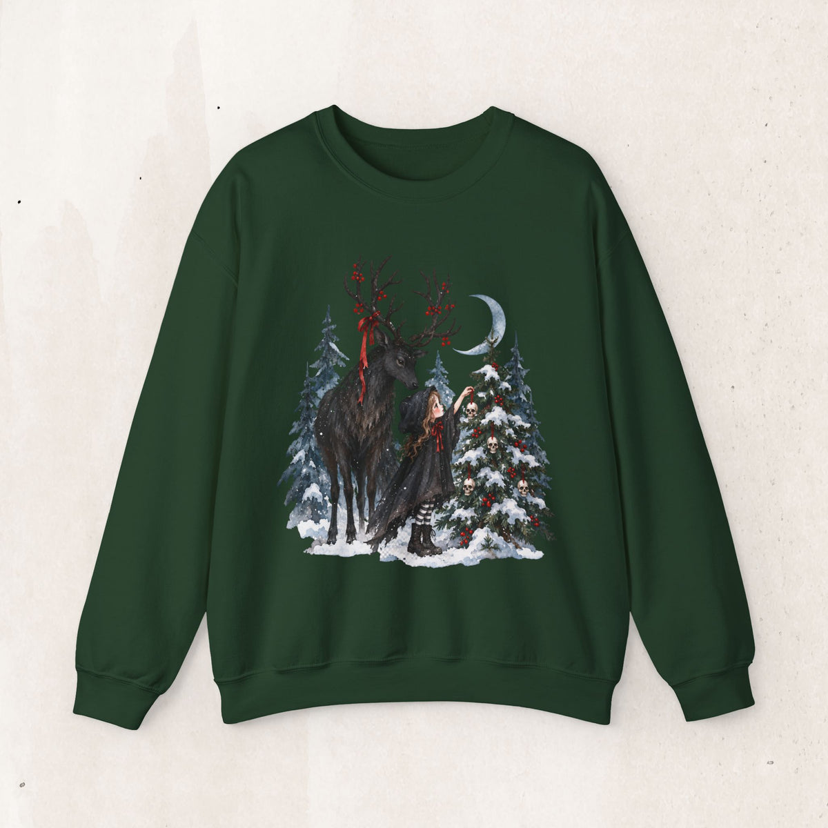 Winter Forest Deer and Moon Sweatshirt, Moonlit Stag Crewneck