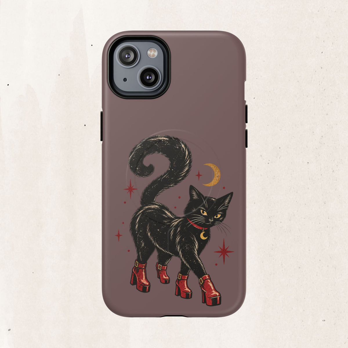Magnetic Phone Case — Black Cat in Red Boots Design
