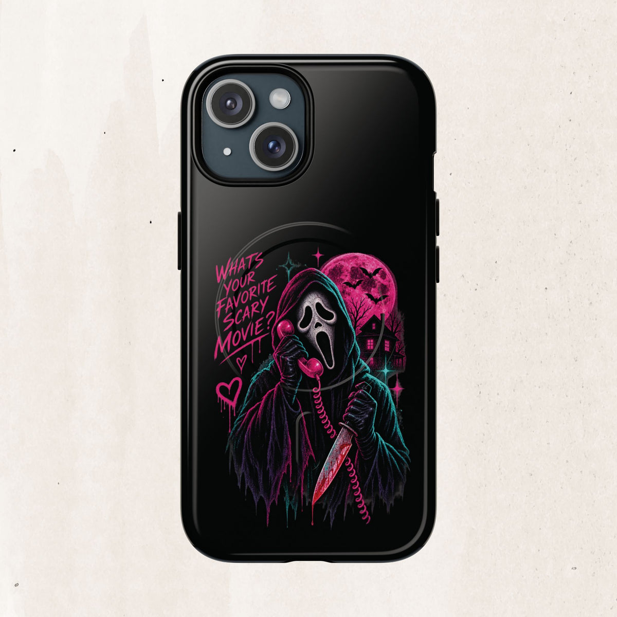 Magnetic Phone Case — Neon 'What's Your Favorite Scary Movie?' Horror Design