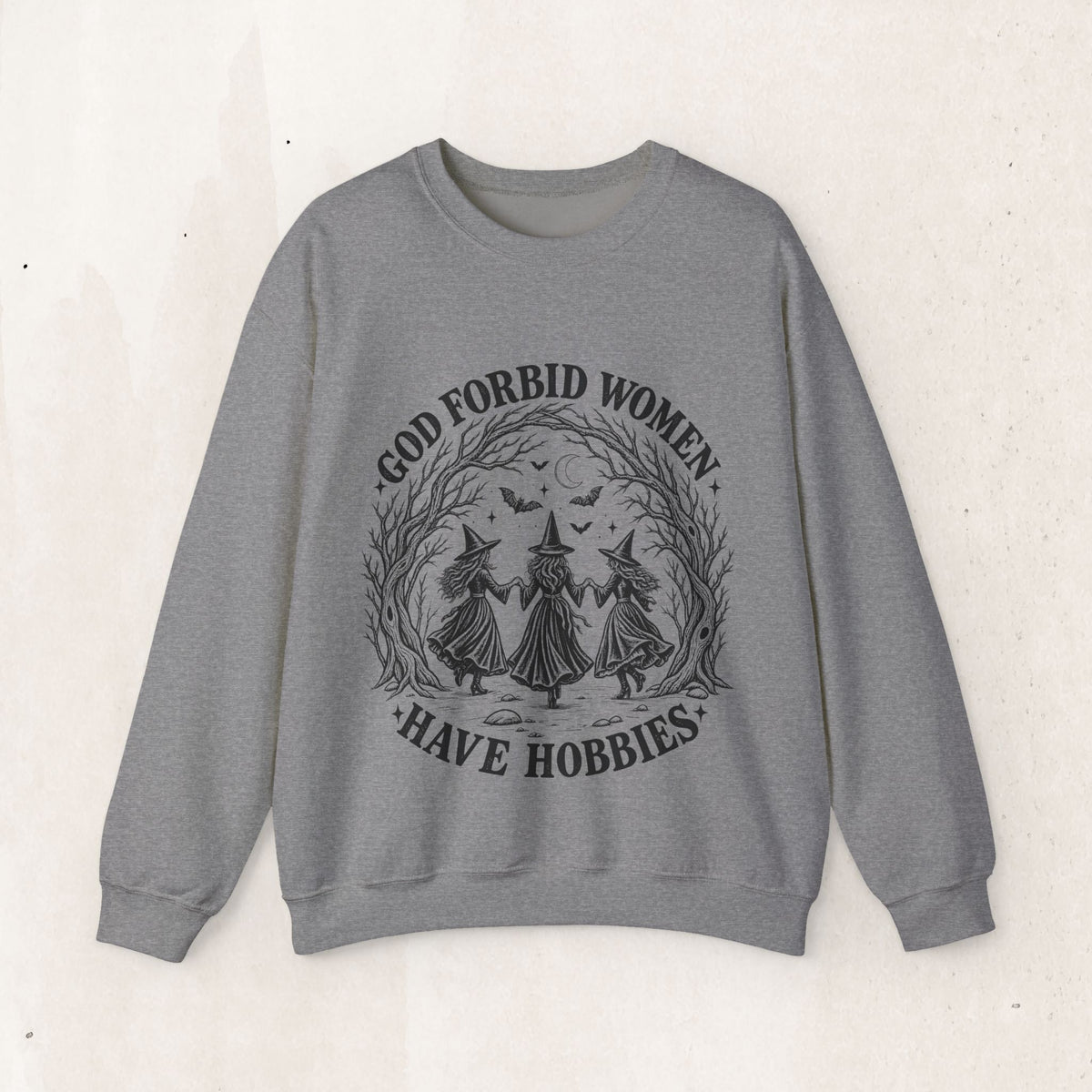 God Forbid Women Have Hobbies Witch Crewneck Sweatshirt in Graphite Heather, alternate view