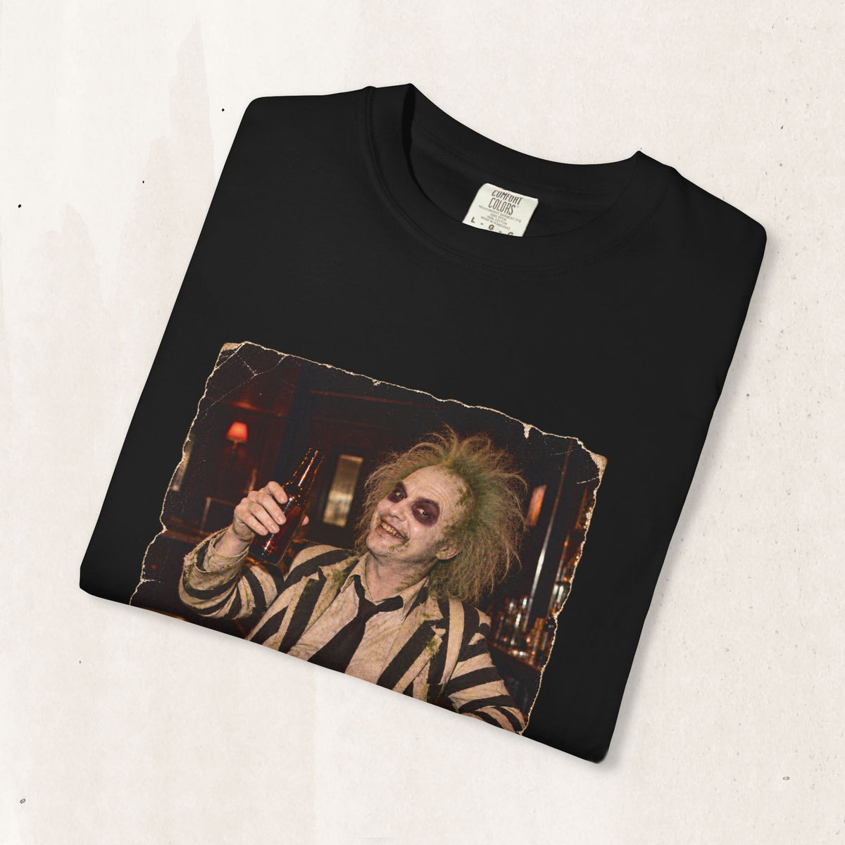 Beetlejuice-Inspired Striped Suit Portrait T-Shirt in Black, alternate view