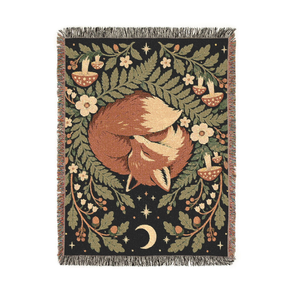 Fox Moon Woven Blanket — Cozy Floral Woodland Throw Printify
