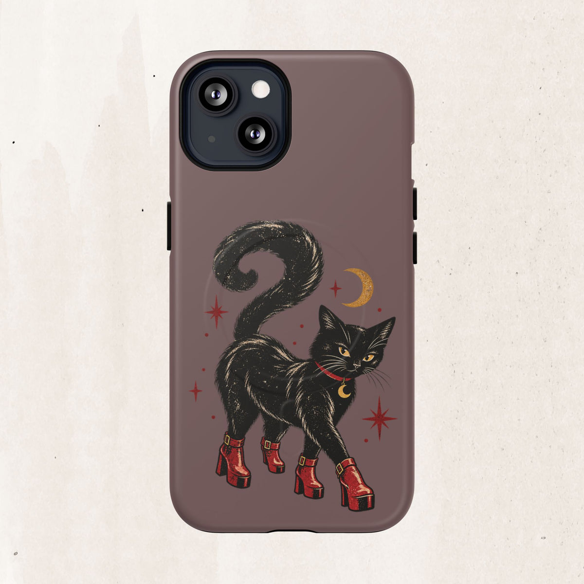 Magnetic Phone Case — Black Cat in Red Boots Design