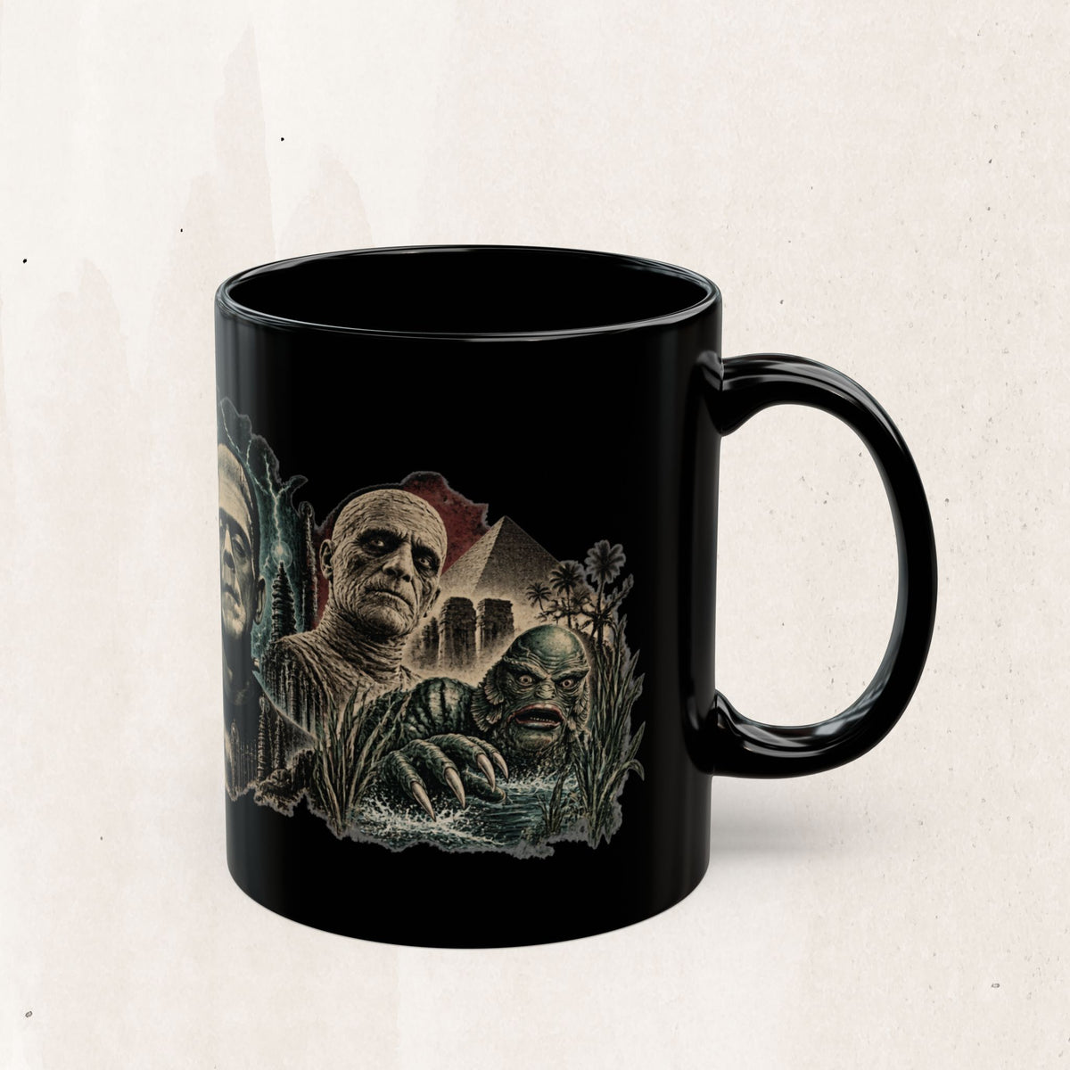 Horror Monsters Mug — Classic Universal Monsters Black Coffee Cup (11oz/15oz)