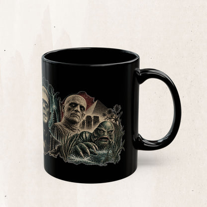 Horror Monsters Mug — Classic Universal Monsters Black Coffee Cup (11oz/15oz)