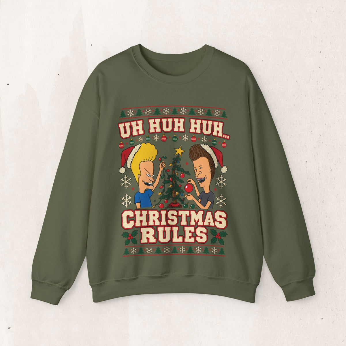 Beavis & Butthead Christmas Rules Ugly Sweatshirt – Military Green