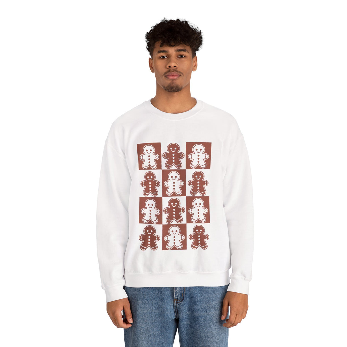 Gingerbread Christmas sweatshirt with a vintage grid of gingerbread cookie people