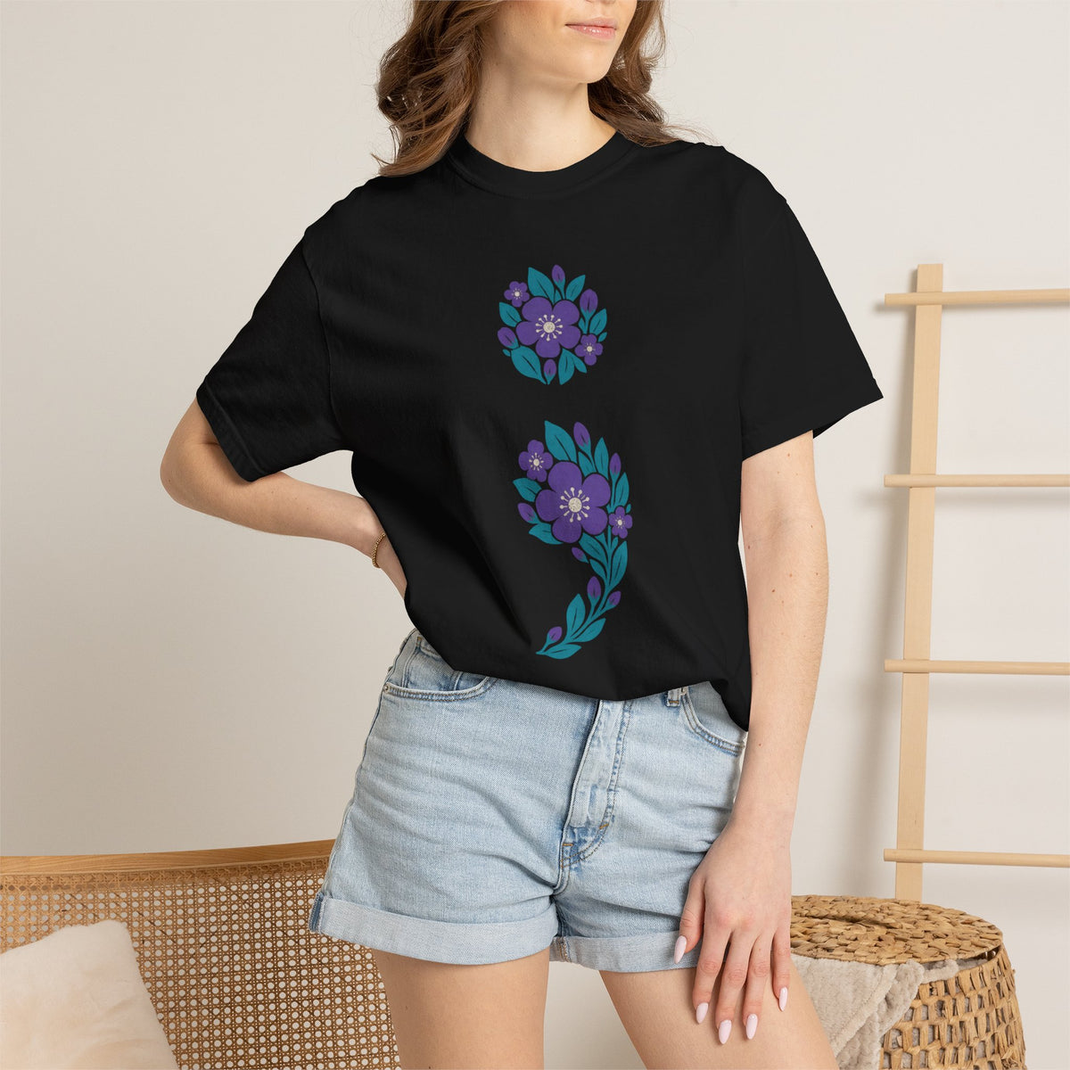 Floral semicolon suicide awareness t-shirt in black