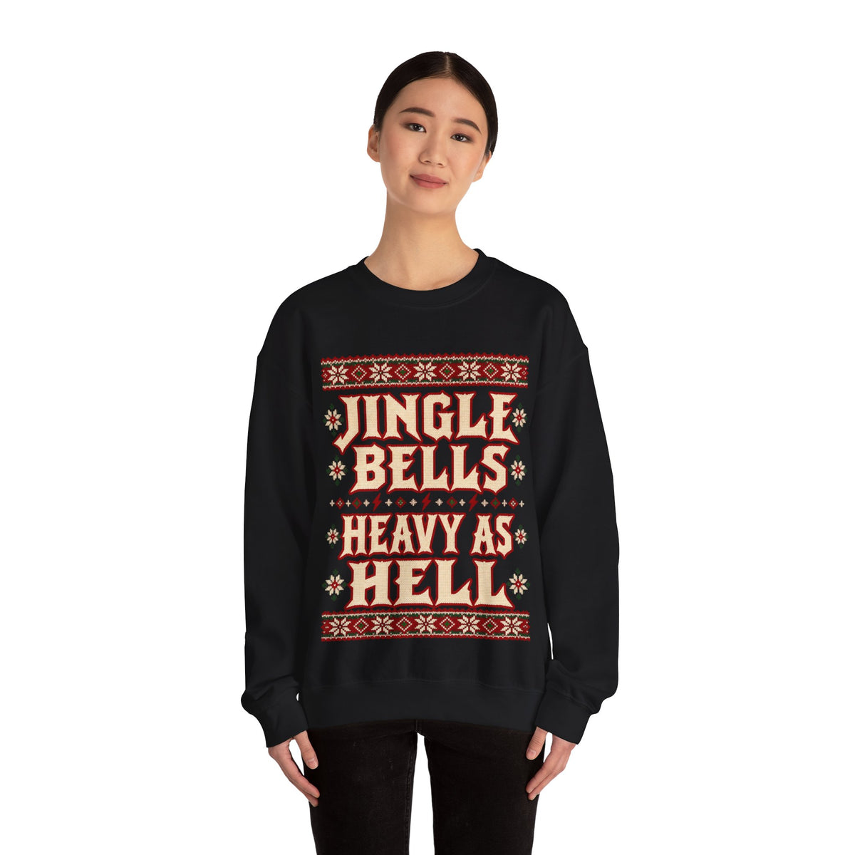 Jingle Bells Heavy as Hell Metal Christmas Sweatshirt in Red, alternate view