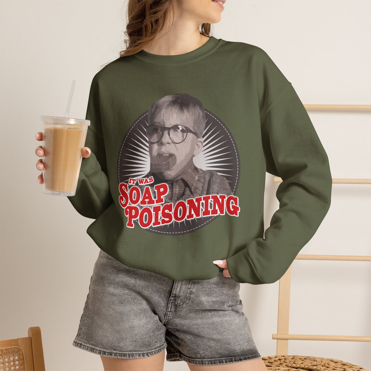 A Christmas Story Soap Poisoning Funny Crewneck Sweatshirt in Red, alternate view