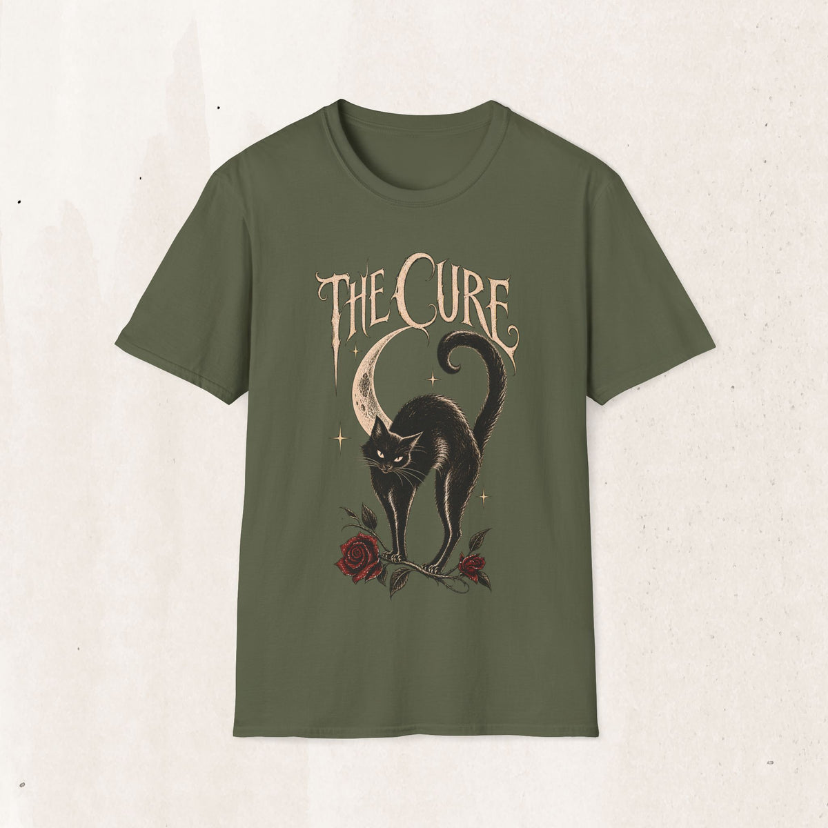 The Cure Graphic Tee – Vintage Black Cat Band Shirt – Military Green