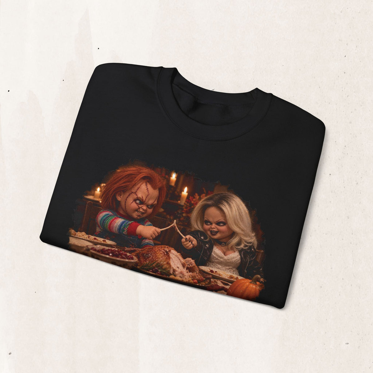 Chucky & Tiffany Thanksgiving wishbone sweatshirt in Black, folded flat lay