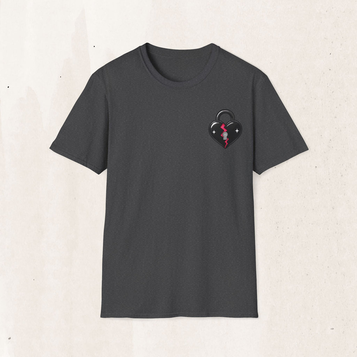 Broken Heart Lock Graphic Tee – Minimal Padlock Shirt – Dark Heather
