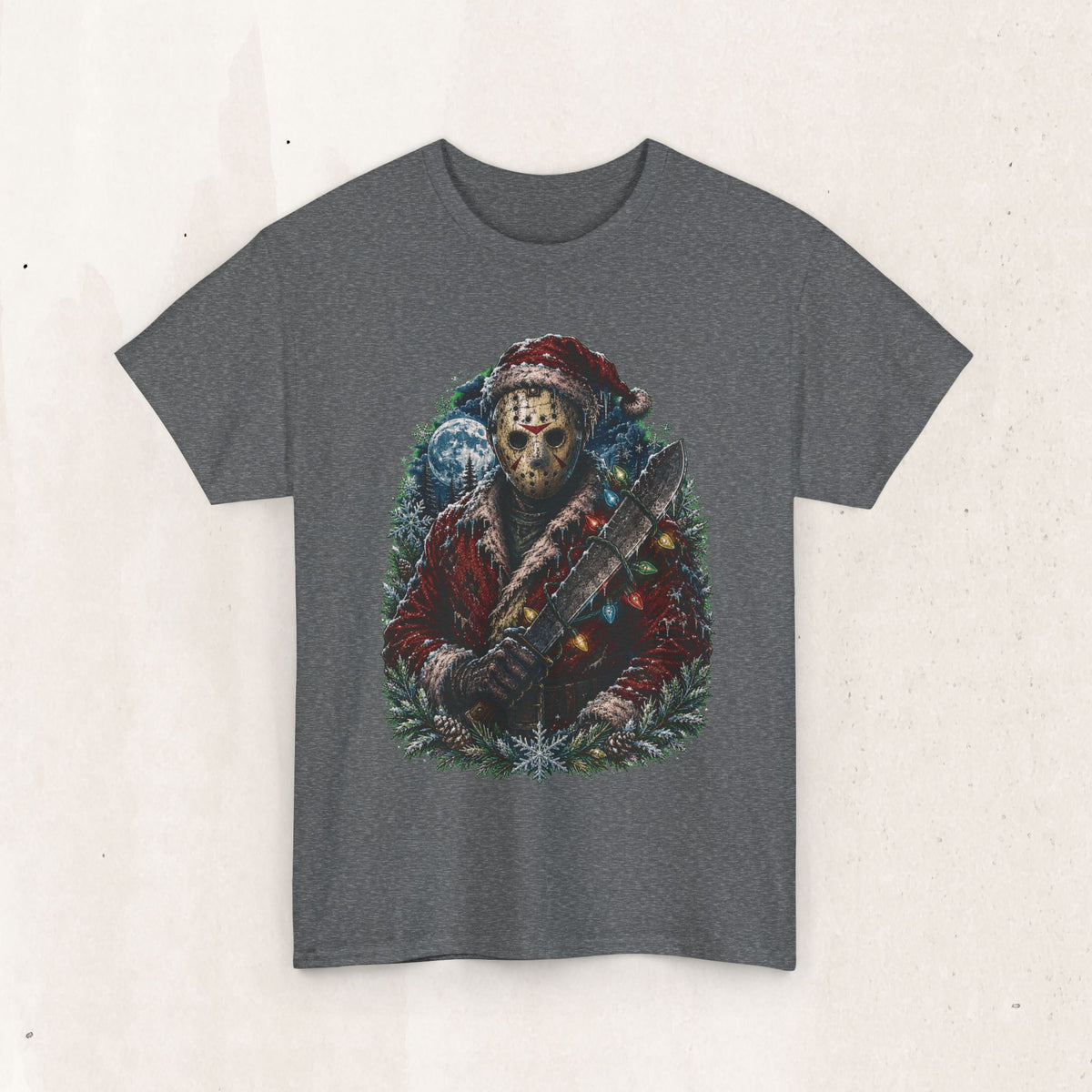 Horror Christmas Tee — Jason Holiday Killer Mask with Festive Machete