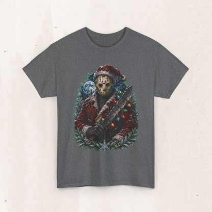 Horror Christmas Tee — Jason Holiday Killer Mask with Festive Machete