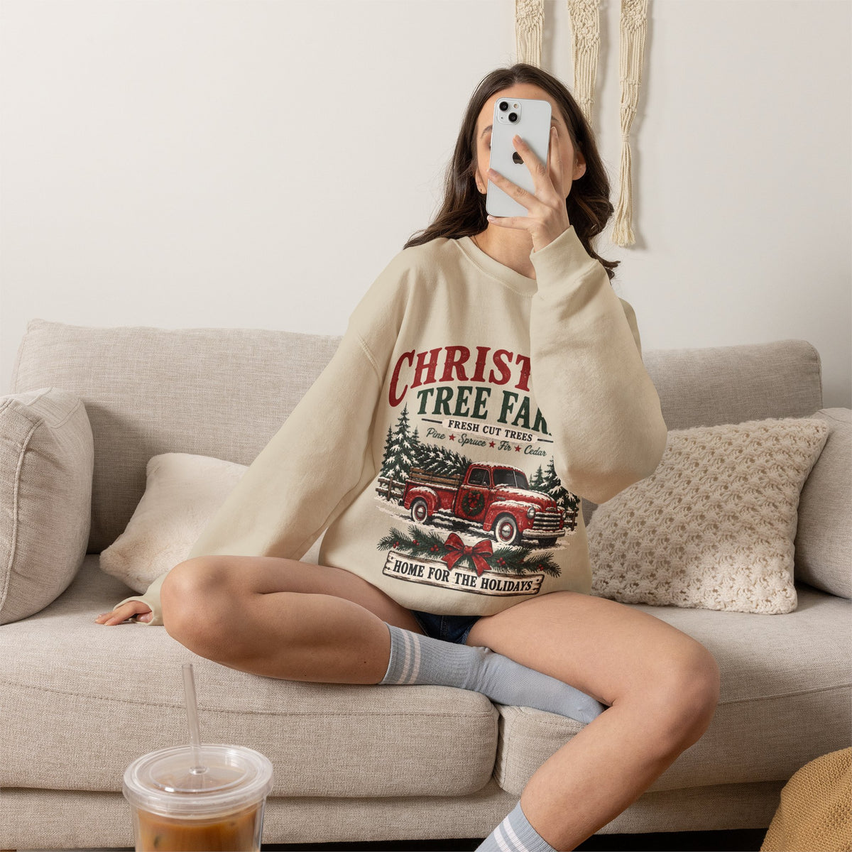 Christmas Tree Farm Home for the Holidays Sweatshirt, Vintage Red Truck Christmas Crewneck