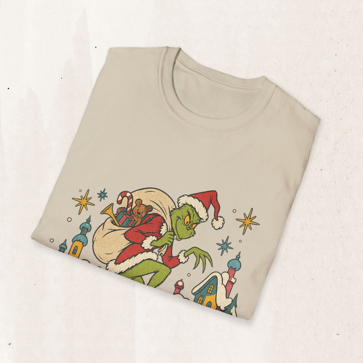 Grinch Graphic Tee' Vintage Holiday Crewneck, Unisex Retro Fit Co Printify