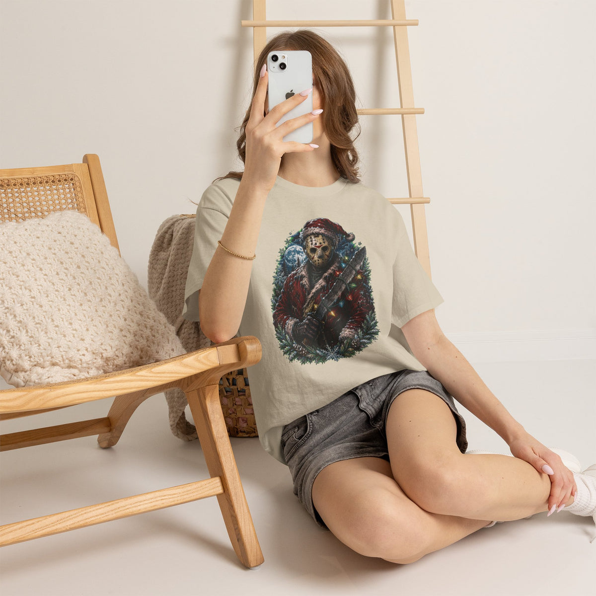 Horror Christmas Tee — Jason Holiday Killer Mask with Festive Machete