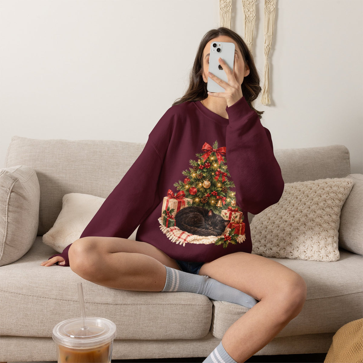 Christmas Tree Cat Sweatshirt, Cat Christmas Crewneck